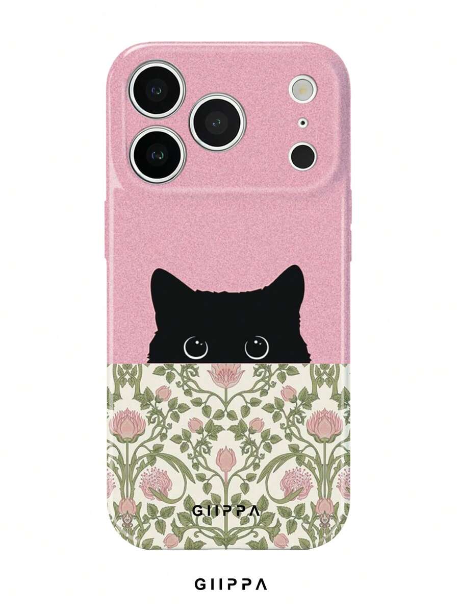GIIPPA 1 pieza Funda de teléfono para iPhone 17 Pro Max con diseño de gato negro y patrón floral retro, adecuada para iPhone 16/15/14 Pro Max, funda de teléfono coreana con estilo e interesante, compatible con 11/12/13/14/15/16 Pro Max Plus, diseño elegante para hombres y mujeres, regalo ideal para Navidad, San Valentín, Pascua, temporada de bodas y cumpleaños para la novia - Rosa - Ver 1