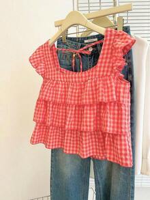 Blusa con volantes en el bajo nueva para otoño, estilo lindo para mujer - Rojo - Ver 4