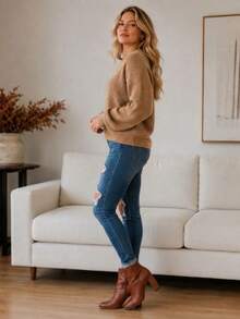 Women's Blouse Puff Sleeve Thick Round Neck Winter Knit - Beige - View 2