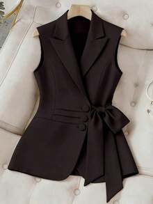 Chaleco de talle con lazo de unicolor elegante para talla grande - Marrón - Ver 5