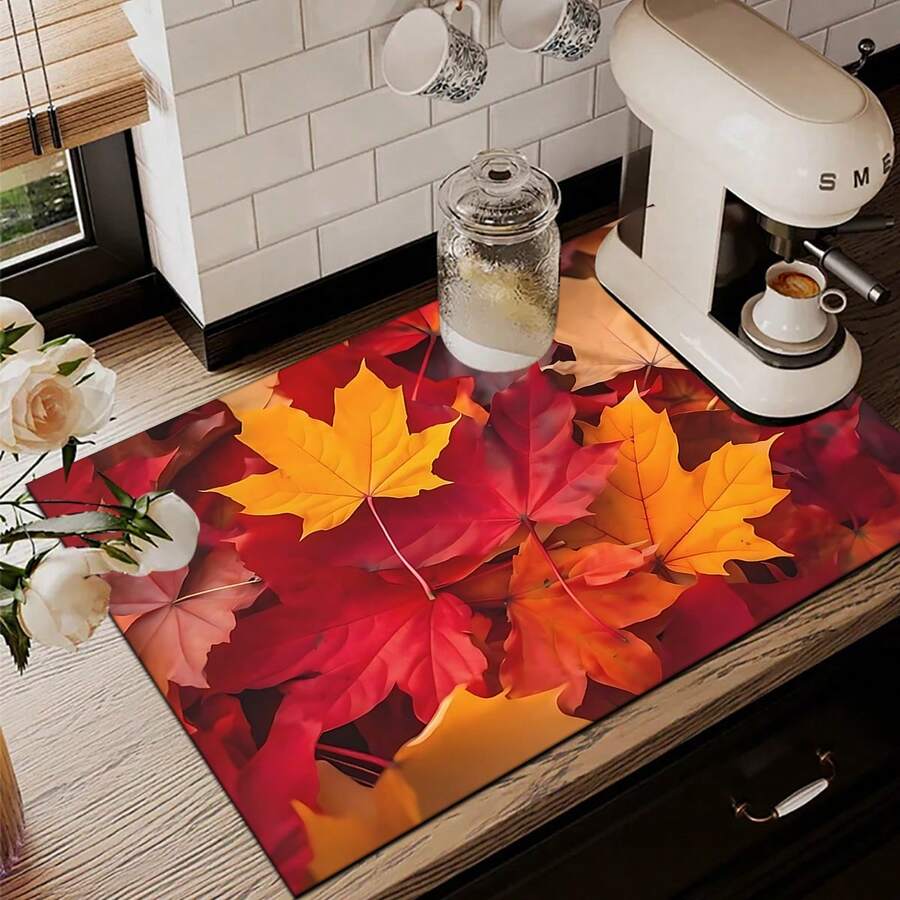 1pc Maple Leaf Pattern Printed Absorbent Dish Drying Mat, Espresso Machine Countertop Absorbent Mat, Sink Drain Mat, Soft Faucet Absorbent Mat, Sink Cup Mat, Home Decor, Kitchen & Bathroom Accessories - Multicolor - View 1
