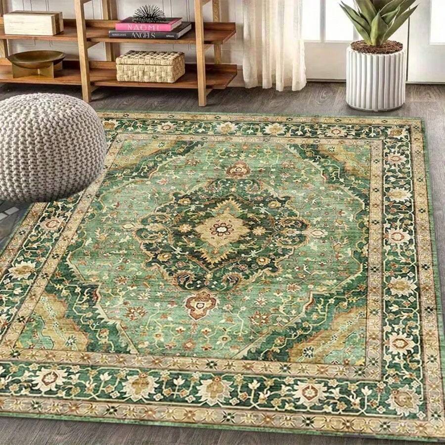 1 Stück vintage grüner Boho-Muster Kristall-Samt-Teppich, verdickter Teppich, dicker Teppich, Plüschteppich, Herbst-/Winterteppich, Dekorationsteppich, Schlafzimmerdekoration, kleiner Teppich, Teppich, Wohndekoration, Wohnzimmerteppich, kleiner Wohnzimmerteppich, Schlafzimmerteppich, Wohnzimmer-Wohndekoration, Outdoor-Teppich, waschbarer Teppich - Mehrfarbig - Übersicht 1