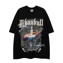 Fashionable Letter Print Short-Sleeved T-Shirt For Men And Women, American Summer Style, Made Of Heavyweight Pure Cotton, Loose Fit, Round Neck. - 黑色 - 查看 2