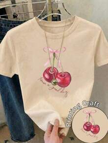 Women's Casual Black Short Sleeve T-Shirt, Polyester, Cherry Print, Round Neck, Regular Fit, For Everyday Wear XF2C - 杏色 - 查看 2