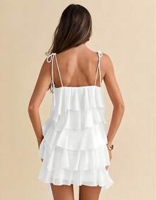 Women's Short Dress With Layered Ruffles, Thin Straps, V-Neck, Summer Fashion - 白色 - 查看 4