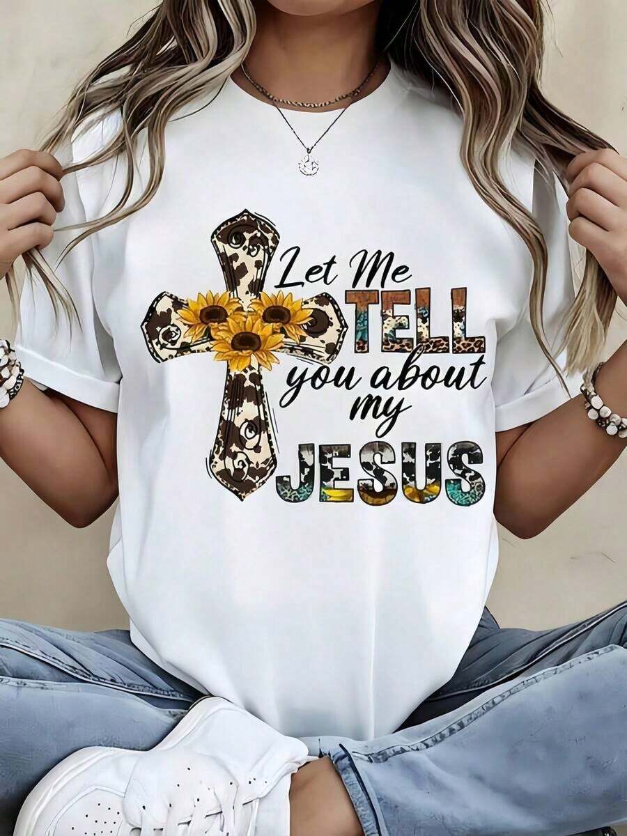Women's Clothing 1pc White T-Shirt With Sunflower Cross Print For Women, Round Neck, Casual Cotton T-Shirt, Medium Elasticity Knit Fabric, Regular Fit For Ladies, For Spring/Summer/Autumn, Women's Shirts - 白色 - 查看 1