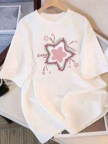 Under The Radar 1pc Soft Fabric 100 Pink Three-Dimensional Lucky Star With Hand-Painted Lettering Print Short Sleeve T-Shirt 3D Star Silhouette With HAYOYO Lucky Graffiti Style Design Basic White Loose Crew Neck Top 2026 Cool Sweet Daily Casual T-Shirt Valentine's Day Women's T-Shirts Y2k Tops Elegant Blouses, Suitable For Wearing On Holy Week 4, Holy Week 5, And Mother's Day. 100% Cotton - Unisex Short Sleeve Crew Neck T-Shirt, Urban Vintage Style, Loose Fit. - 白色 - 查看 1