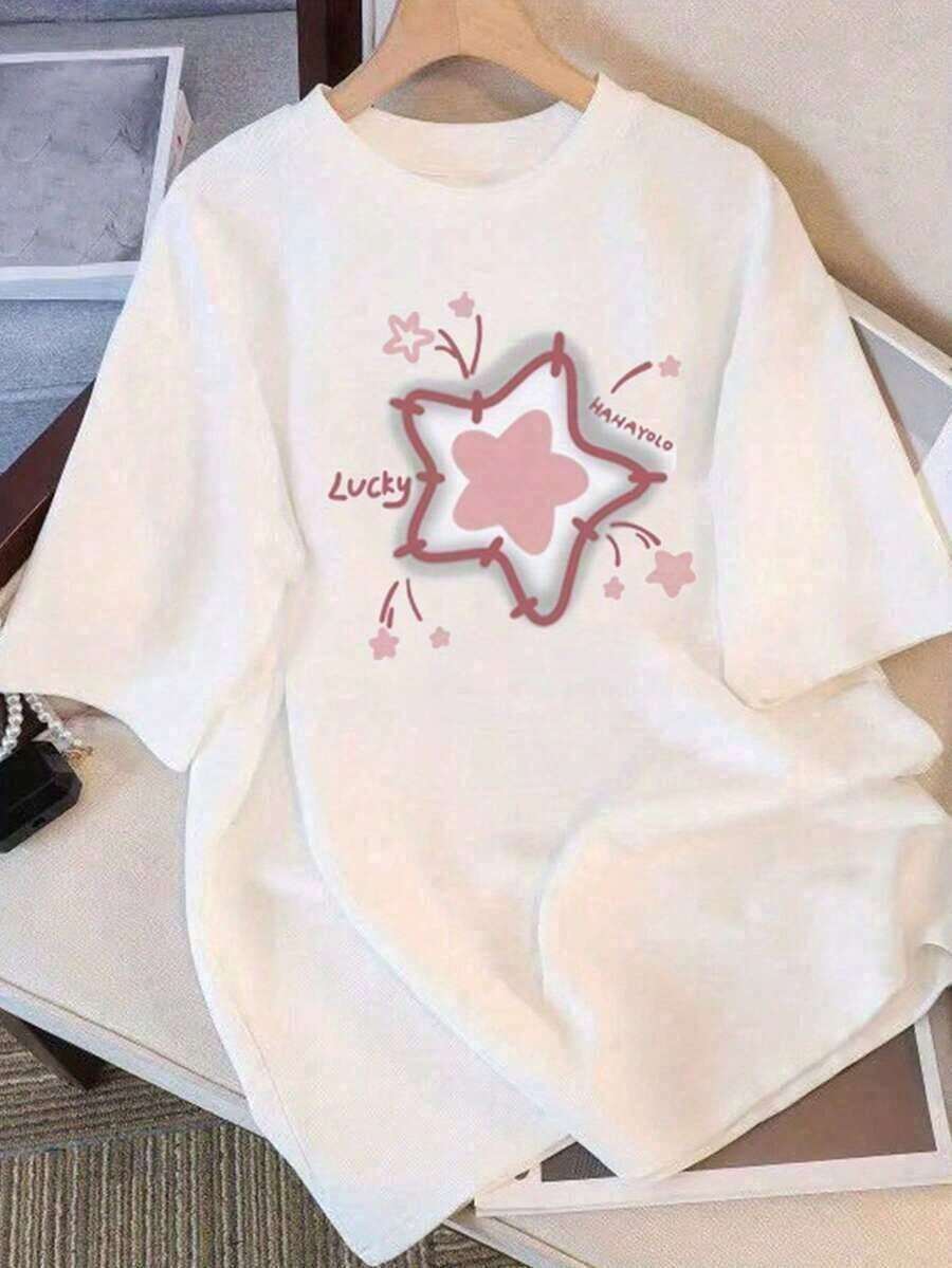 Under The Radar 1pc Soft Fabric 100 Pink Three-Dimensional Lucky Star With Hand-Painted Lettering Print Short Sleeve T-Shirt 3D Star Silhouette With HAYOYO Lucky Graffiti Style Design Basic White Loose Crew Neck Top 2026 Cool Sweet Daily Casual T-Shirt Valentine's Day Women's T-Shirts Y2k Tops Elegant Blouses, Suitable For Wearing On Holy Week 4, Holy Week 5, And Mother's Day. 100% Cotton - Unisex Short Sleeve Crew Neck T-Shirt, Urban Vintage Style, Loose Fit. - 白色 - 查看 1