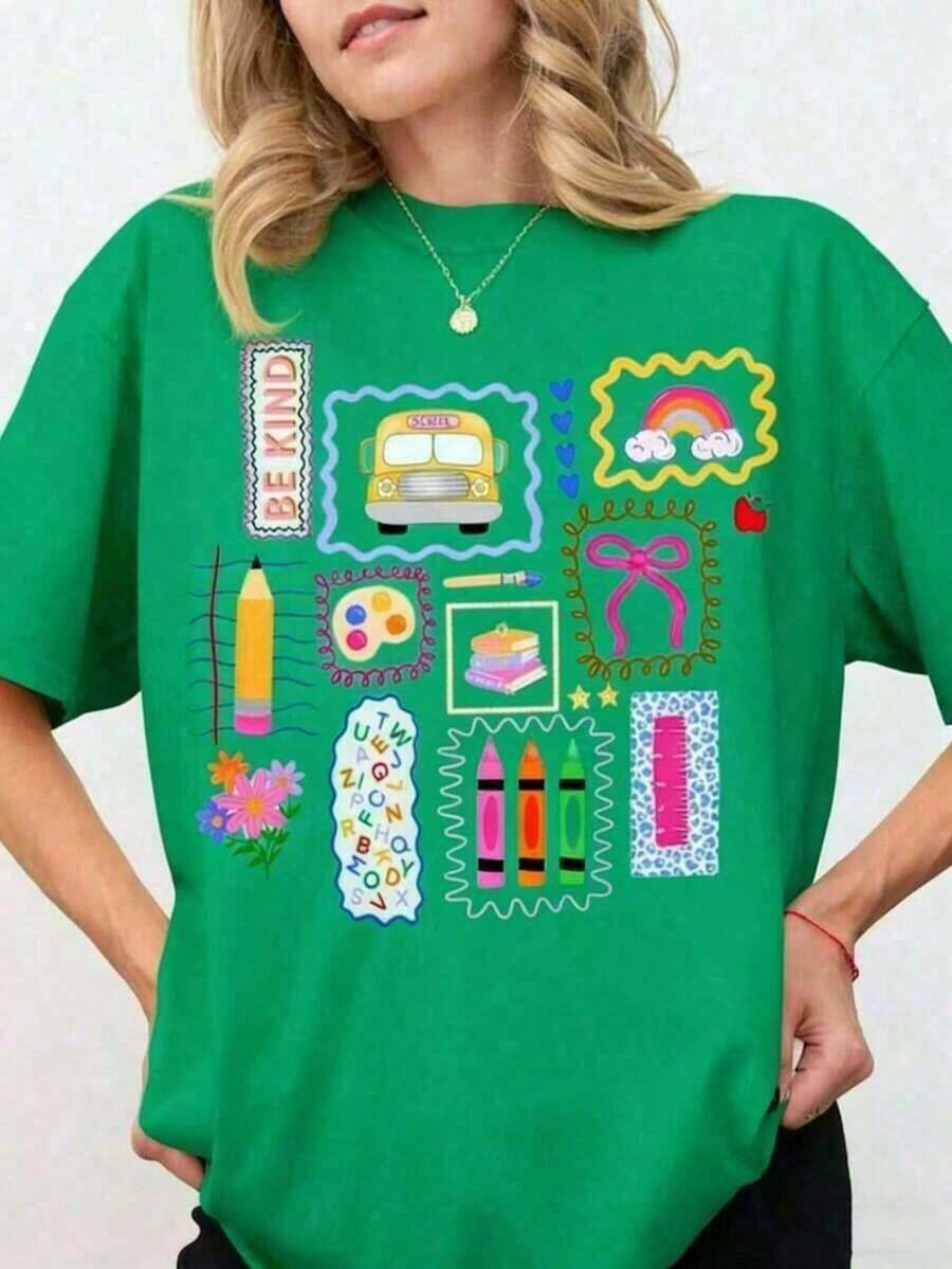 Camiseta Casual de Verano para Mujer 100%AlgodónMaestroCamisaColoridoDoodleAtrásAEscuelaCamisaPreppyCoquetaEscuelaCamisetaFemeninoRosaArcoTee,MaestroRegalos2026-UnisexoVeranoInformalVintageAlgodónImpresoCamisetasParaParejas, VeranoConjuntos de ropaParaMujeres, VacacionesConjuntos de ropaMujeres, VeranoRopa, PrimaveraConjuntos de ropaParaMujeres, VeranoTops, FestivalConjuntos de ropa, PascuaConjunto de ropaMujeres - Verde - Ver 1
