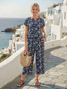 Faunlyn con estampado floral Blusa & Pantalones de pierna ancha - Albaricoque - Ver 6