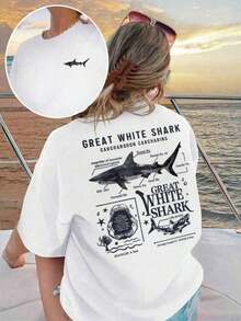 Camiseta de manga corta con cuello redondo y estampado de tiburón blanco para mujer, nueva colección primavera-verano, ropa casual diaria, ropa personalizada para tus vacaciones. Camisetas Gráficas para Mujer, Top Blanco - Estilo Urbano Vintage, Unisex, Holgadas, de Algodón, Manga Corta, Cuello Redondo, blusas para mujer. blusas.blusas casuales para dama. - Blanco - Ver 7