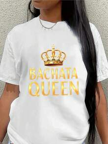 Women's Short-Sleeved T-Shirt With A Gold Crown Design, Suitable For Baraka Dance Queen. Lightweight And Durable, Perfect For Dance Activities, Nightlife, Or Casual Wear At Home And In Restaurants. Women's Blouses > Clothing - 白色 - 查看 7