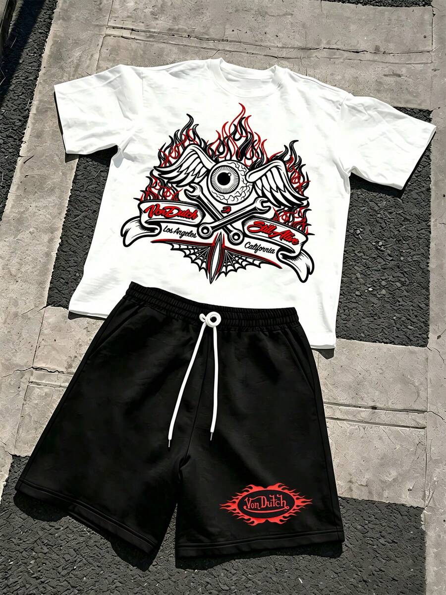 2 Pieces Of Men's Creative T-Shirts And Shorts, Featuring A Red And Black Old School Tattoo-Style Print Pattern, And Also Adorned With The Original Dutch "Vons" Logo. This Is Fashionable Casual Wear, Consisting Of A Soft And Breathable Printed T-Shirt And Shorts Set. - 黑與白 - 查看 1