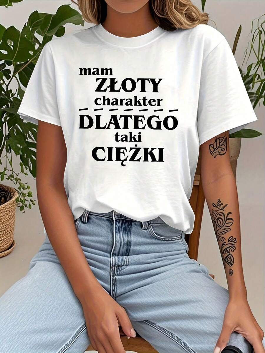 Camiseta con Estampado de Caracteres Dorados Estilo Polaco, Manga Corta, Cuello Redondo, Top Casual para Verano y Primavera, Ropa de Mujer - Blanco - Ver 1