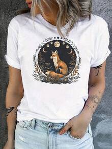Camiseta con Estampado de Zorro Nocturno Encantador, Camiseta Casual de Manga Corta y Cuello Redondo para Primavera y Verano, Ropa de Mujer - Blanco - Ver 8