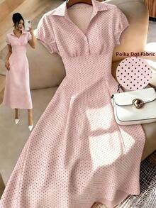 Women's Vintage French V-Neck Polka Dot Waist A-Line Dress, Spring/Summer Elegant Slimming Short Sleeve Dress For Commute, Date, Party, Autumn/Winter, Spring/Summer, Thanksgiving, Party, Wedding, New Year Party, Graduation Dance, Elegant, Fashionable, Commute, Business, Office, Versatile, Charming Urban Pink Polka Dot Dress Polka Dot Dress Women's Work Clothes For The Office Work Outfits Women Work Dresses For Women Retro Dresses For Woman Petite Women Clothing Dress Polka Dot Dresses For Women P - 淺粉色 - 查看 7