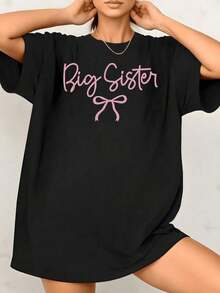 Women's T-Shirt With "Big Sister" Bow Graphic Print For Best Friends, 100% Cotton, Crew Neck, Casual Loose Fit, 1 Piece. Excellent Gifts For Friends And Family, Everyday Wear, Birthday Gift, Sister Gift. - 黑色 - 查看 1