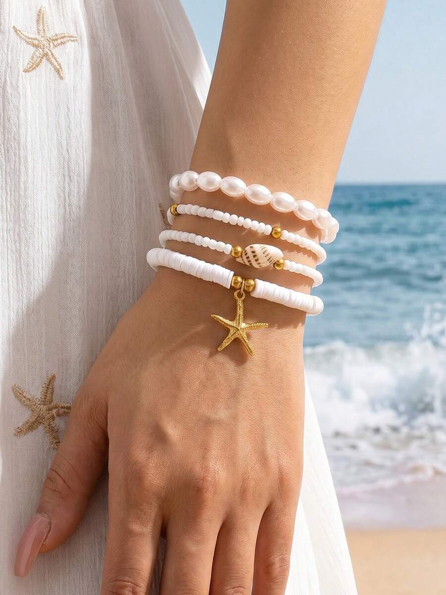 NAIZHU 4件套不锈钢海洋风海星吊坠手链,女士日常及节日配饰 - 白色 - 查看 1