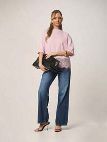 Camiseta de corte relajado y cuello redondo con ribete de encaje para comodidad casual de primavera y verano - Rosa - Ver 3