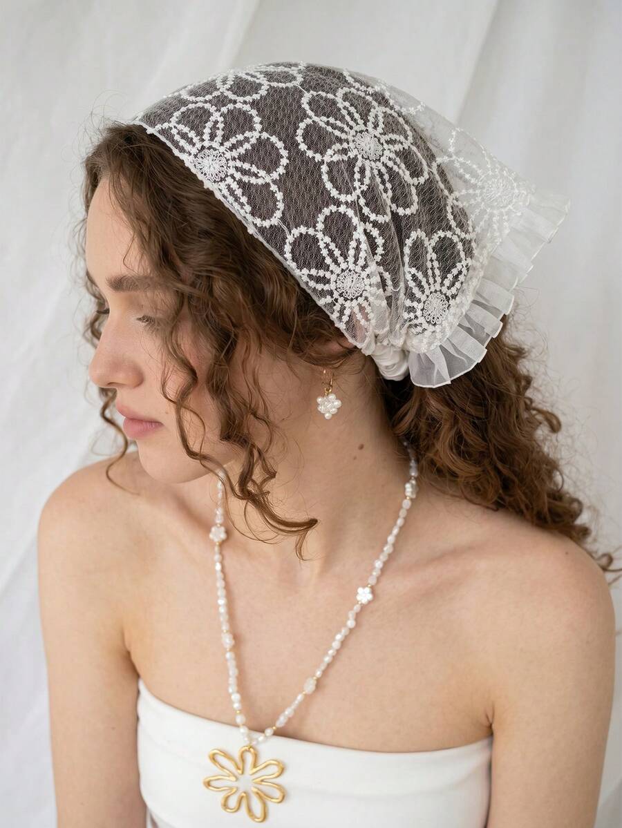 1pc Women's Handmade Embroidered Ruffled Headwrap, Suitable For Daily Wear And Vacation - White - View 1