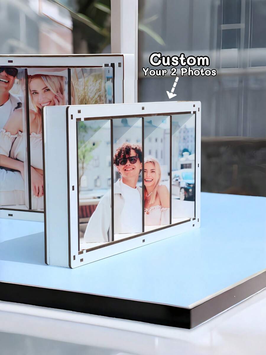 1pc Personalized Wood Frame, Custom 2 Photos Frame,Custom Wooden Frame,Custom Picture Frame With 3D Visual Misalignment,Personalized Home Decor Any Occasion,Wedding Favor,Father's Day, Special Occasions - Multicolor - View 1