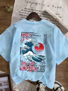 New Casual And Cute Women's T-Shirt, Loose Fit, Round Neck, Short Sleeves. Short-Sleeved T-Shirt With A Round Neck And A Tokyo Island Sunset Wave Print. High-End Urban Wear, Vacation Style, Loose And Comfortable, Versatile Short-Sleeved T-Shirt For Summer - 藍色 - 查看 9