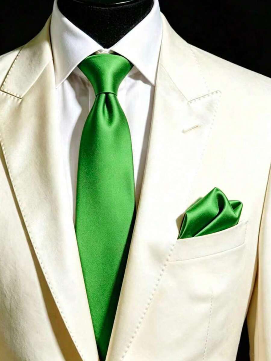 1 Set Men's Solid Color Classic Formal Tie And Pocket Square Set - Green - View 1