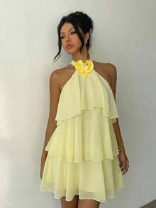 Falda de pastel con volantes y estampado de lunares jacquard con escote halter, adecuada para festivales de música de verano - Amarillo - Ver 6