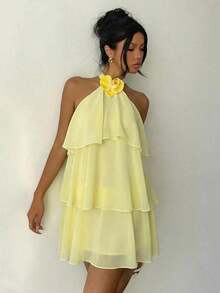Falda de pastel con volantes y estampado de lunares jacquard con escote halter, adecuada para festivales de música de verano - Amarillo - Ver 7