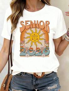 Camiseta de Cuello Redondo con Estampado de Sol y Flores para Mujer, Talla Grande, Manga Corta, 2026, Moda Casual de Algodón, Suave y Cómoda para Celebración de Graduación y Uso Diario, 100% Algodón. - Blanco - Ver 6