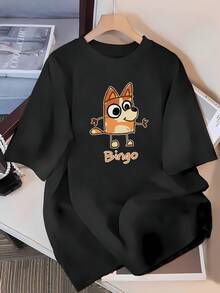 Spring And Summer Casual Short-Sleeved T-Shirt With Cartoon Dog Art Print, Orange And White Stripes, Round Neck, Women's Clothing - 黑色 - 查看 1