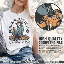 Especias de calabaza y ambiente campestre |   Diseño de camisa de otoño |   Diseño retro de sublimación para otoño |   Otoño occidental |   Gráfico de vaquera otoñal |   Digital - Blanco - Ver 2