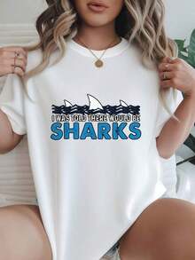 Women's T-Shirt, Loose Fit, Black And White Options, Shark Graphic Print, Casual Everyday T-Shirts, Summer Tops, Graphic Tees, Women's Summer Sets, Women's Crop Tops, Casual Blouses For Ladies - 白色 - 查看 1