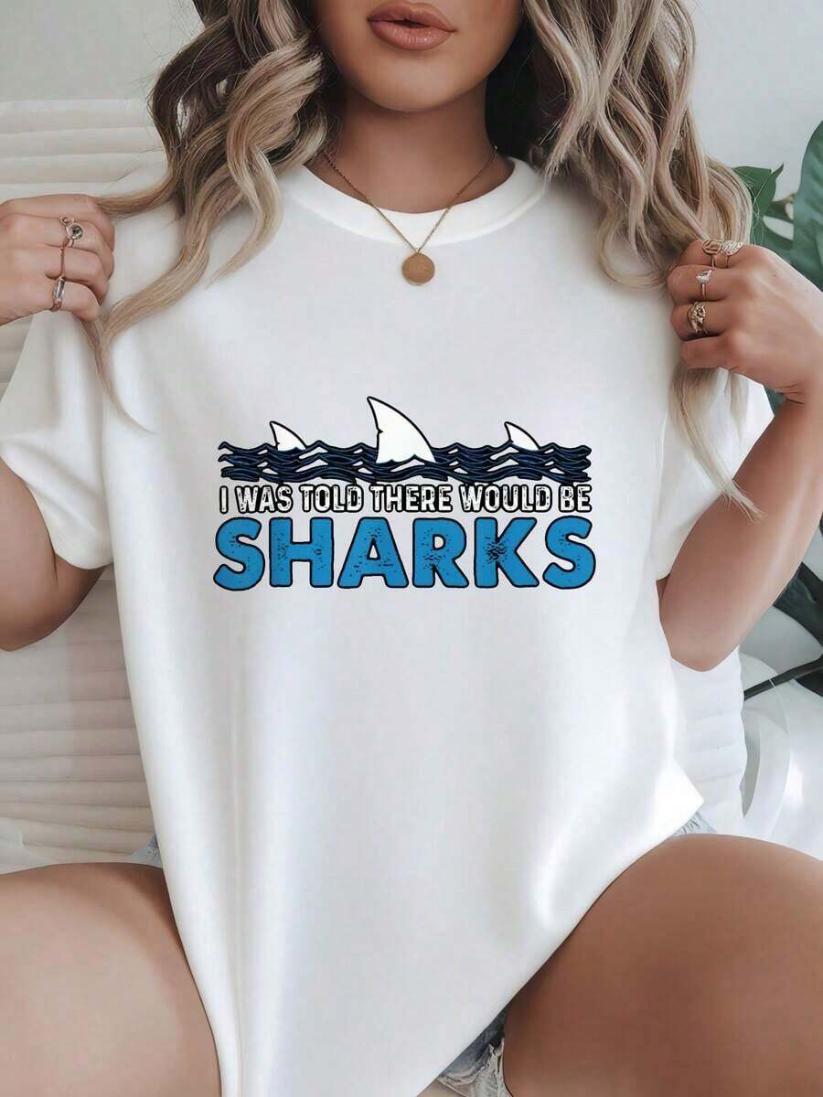 Women's T-Shirt, Loose Fit, Black And White Options, Shark Graphic Print, Casual Everyday T-Shirts, Summer Tops, Graphic Tees, Women's Summer Sets, Women's Crop Tops, Casual Blouses For Ladies - 白色 - 查看 1
