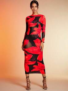Women's One-Piece Swimsuit, Red Tie-Dye Print, Long Sleeve, With Hip-Covering Skirt, Beachwear For The. - 紅色 - 查看 1