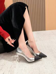 Xin Jing Shoes 女士时尚尖头拼接高跟鞋,适合日常通勤 - 銀色 - 查看 5