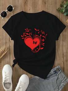 Limited Time Offer, Limited Quantity Available, Lightning Bolt, Women's Shirts, Women's T-Shirts. A Red Heart Surrounded By Delicate Vines Symbolizes Love, Growth, And Freedom, And Is Adorned With Subtle Butterfly Motifs. Women's T-Shirt. - 黑色 - 查看 1