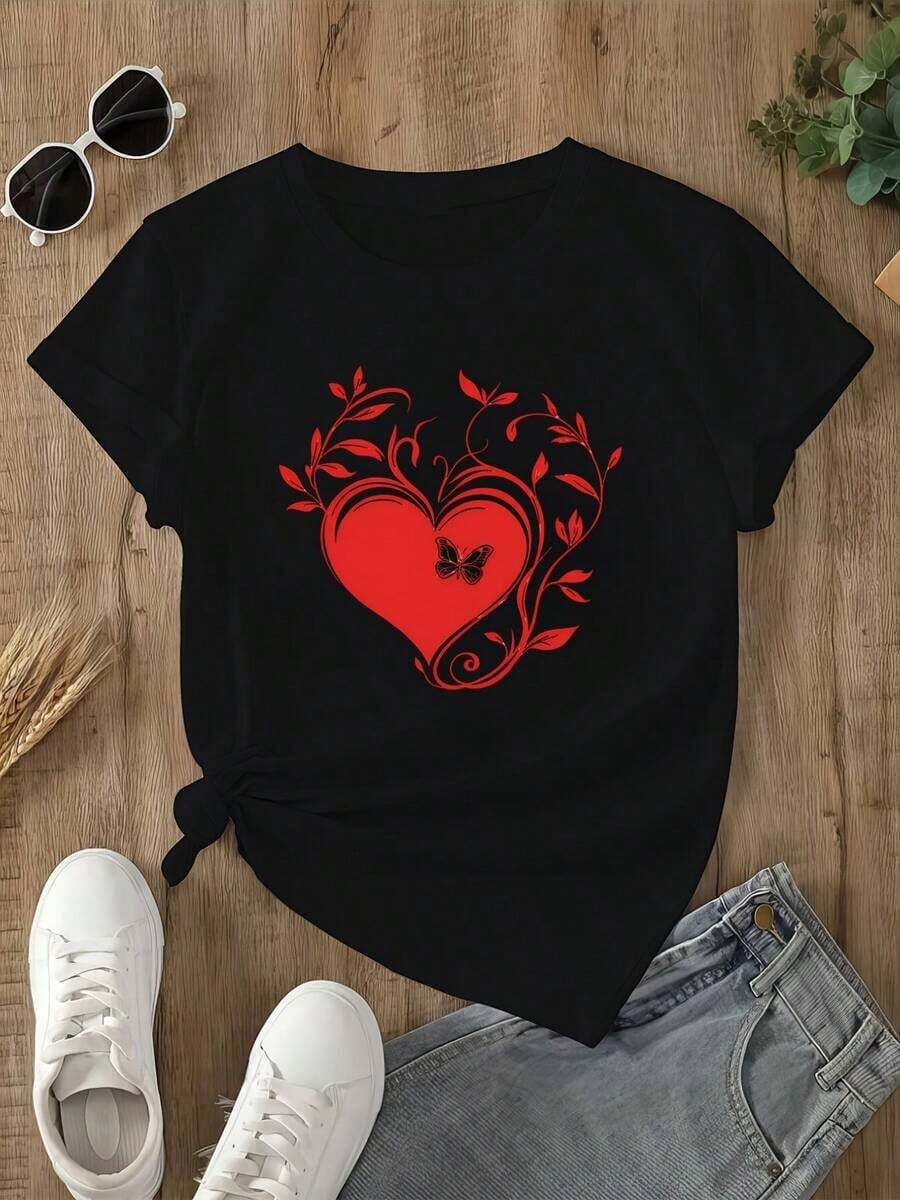 Limited Time Offer, Limited Quantity Available, Lightning Bolt, Women's Shirts, Women's T-Shirts. A Red Heart Surrounded By Delicate Vines Symbolizes Love, Growth, And Freedom, And Is Adorned With Subtle Butterfly Motifs. Women's T-Shirt. - 黑色 - 查看 1