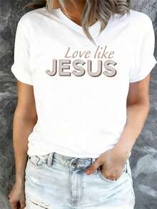 Camiseta Deportiva Casual para Mujer de Cuello en V Blanca con Diseño como JESÚS - Camiseta Elástica, Lavable aáquina, Ajuste Cómodo y Apta para Todas las Estaciones, para un Estilo de Vida Activo y Espiritual. - Blanco - Ver 7