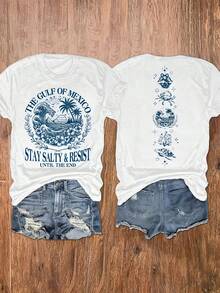 Camiseta Estampada para Mujer Isla deéxico - Camiseta Casual de Manga Corta y Cuello Redondo en Blanco, con Corte Relajado, para Todas las Estaciones, Perfecta para Uso Diario y Vacaciones (Lavable aáquina). - Blanco - Ver 7