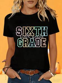 Soft Short Sleeve T-Shirt For Women In Black And White, Sixth Grade T-Shirt With Colorful Text Design For Students, Unisex School Clothes, White T-Shirt, Gift For Leisure, Holidays, Outdoor Parties, 200G, Casual Blouse For Women, Blouses For Women, Cotton T-Shirts For Women. - 黑色 - 查看 1