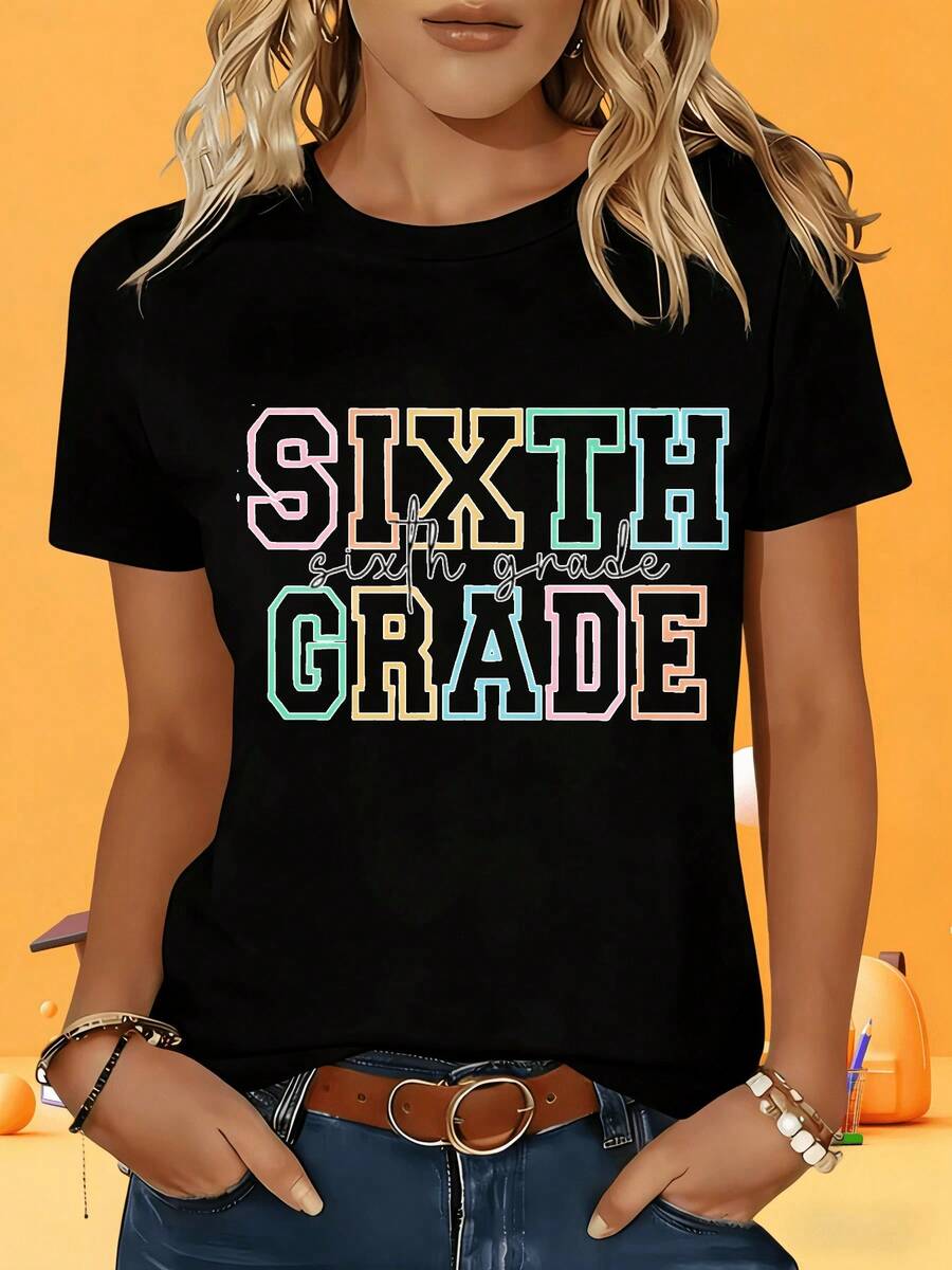 Soft Short Sleeve T-Shirt For Women In Black And White, Sixth Grade T-Shirt With Colorful Text Design For Students, Unisex School Clothes, White T-Shirt, Gift For Leisure, Holidays, Outdoor Parties, 200G, Casual Blouse For Women, Blouses For Women, Cotton T-Shirts For Women. - 黑色 - 查看 1
