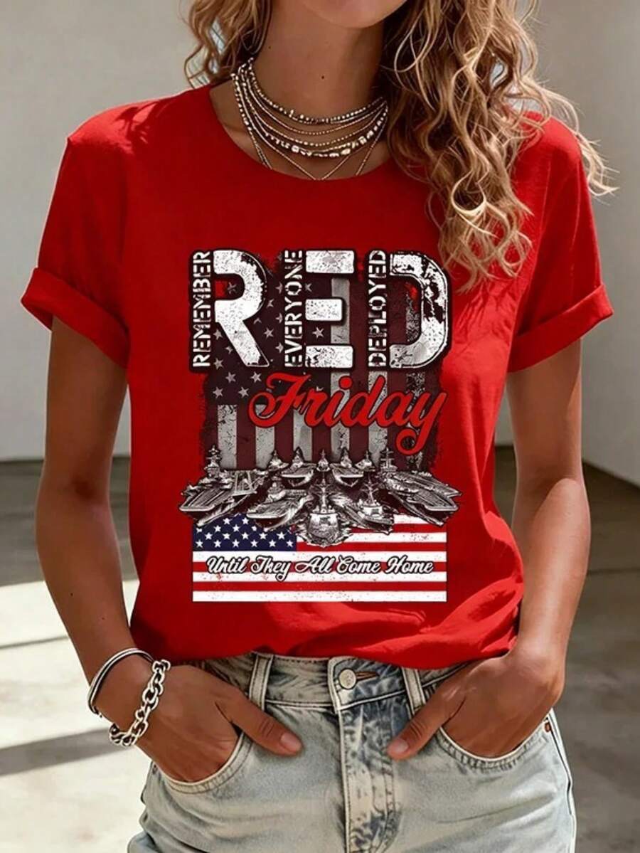 New  Women's Crew Neck T-Shirt, Casual Red Friday Tee, American Flag Design, Classic Short-Sleeve Crew Neck Regular Fit Tee, Fashionable Everyday Summer Top, Patriotic Themed Tee, Comfortable, Soft And Breathable, Vintage Style T-Shirt. WYDX Versatile Design Ready For Summer. - 紅色 - 查看 1