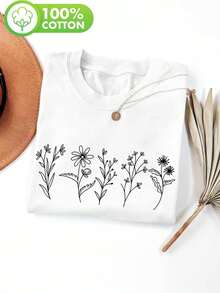 Graphic Print T-Shirt, Short Sleeves, Round Neck, Casual Top For Summer And Spring, Women's Clothing, Women's Winter Clothing - 白色 - 查看 7