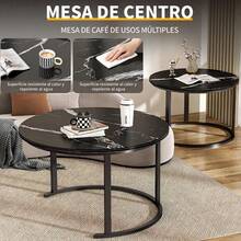 Juego de Mesa de Centro Nesting 2 Mesas Auxiliares Redondas Estructura de Metal Resistente con Tapa con Aspecto de Mármol Diseño Minimalista para Espacios Pequeños Salón Apartamento - Negro - Ver 4