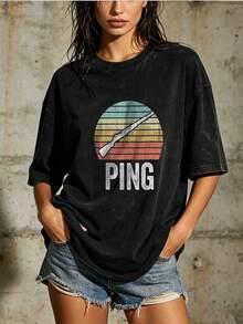 Oversized Retro Casual Sports T-Shirt - Elastic Crew Neck T-Shirt, Machine Washable, Comfortable Fit For All Seasons, For Casual Style And Daily Activities. - 黑色 - 查看 6