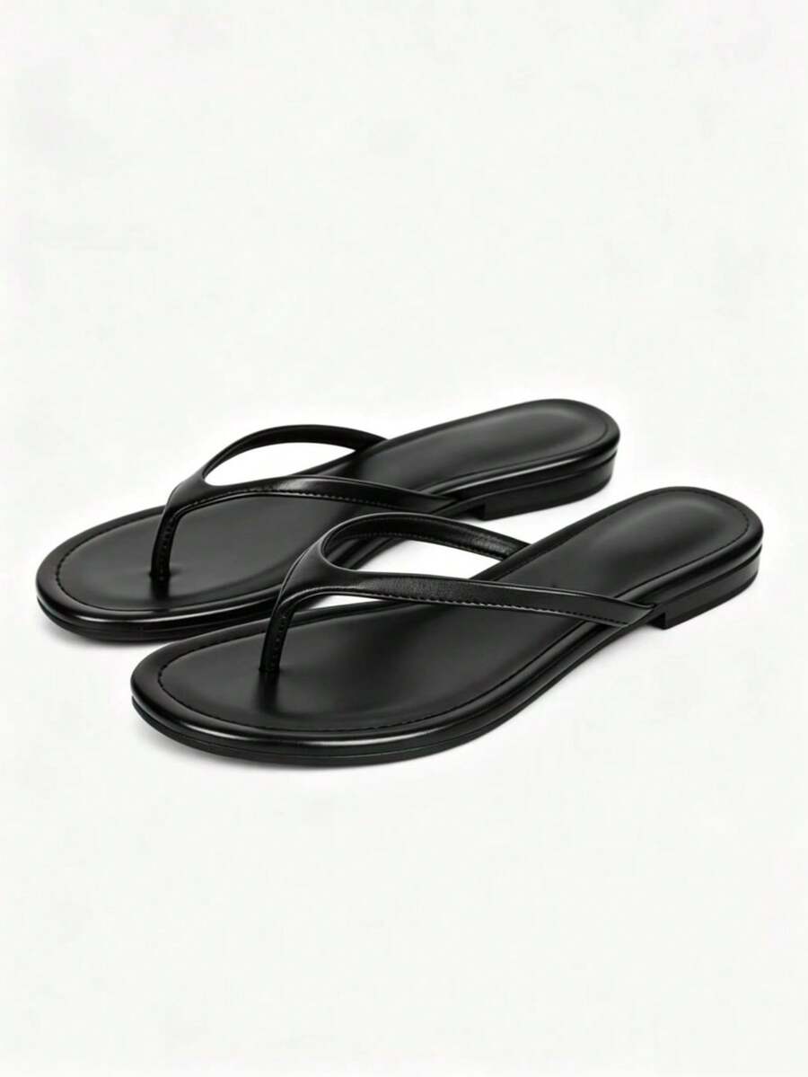 Black Minimalist Square Toe Flat Flip Flops, Versatile Minimalist Style, Summer Daily Commute Beach Vacation Flat Thong Sandals - Black - View 1
