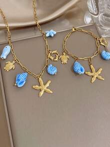 Charm Blue Shell & Starfish Pendant Necklace, Stainless Steel Gold Chain, Suitable For Party, Travel, Holiday, Mother's Day, Valentine's Day, Christmas Gift - Multicolor - View 8