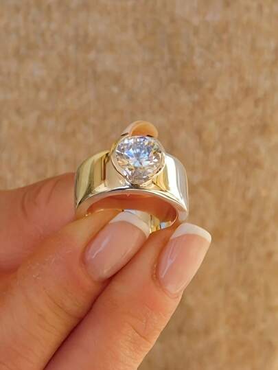Dainty Chunky Cuff Solitaire Crystal Ring, Vintage Silvery Tone Statement Ring, Perfect Gift For Wedding & Dating Occasions