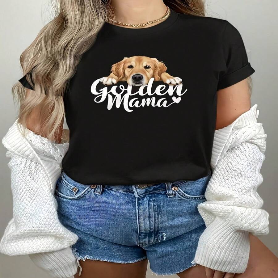 Talla Grande - Talla Grande - Camiseta Talla Grande, Estampado de "Mamá Dorada" Golden Retriever (Golden Retriever Adorable Asomándose + Inglés Manuscrito + Adornos de Corazón) Camiseta Estilo Dueño de Mascota Suave, Camiseta Negra de Manga Corta con Cuello Redondo Estampado S-XXXL - Negro - Ver 1
